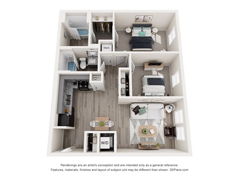 Floor plan for 2 beds, 2 baths, 850 sqft